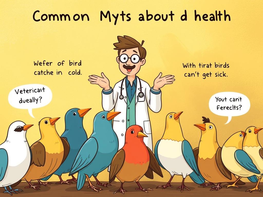 A whimsical illustration showcasing common myths about bird health, set against a vibrant, textured backdrop. A flock of birds in the foreground, each representing a different misconception - from a bird catching a cold to the belief that birds can't get sick. The middle ground features a veterinarian figure, gesturing and debunking these myths with an informative expression. The background is a warm, hazy environment, hinting at the educational nature of the scene. Soft, natural lighting creates depth and dimension, while a slightly quirky, illustrative style brings the myths to life in an engaging, visually compelling manner.