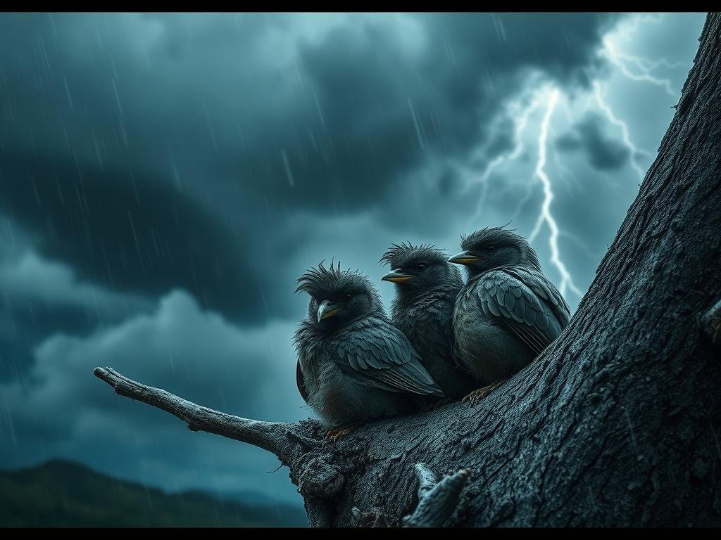 Birds huddled together, feathers ruffled against the howling wind and lashing rain. A dramatic storm rages in the background, with dark clouds unleashing flashes of lightning and distant rumbles of thunder. The birds seek shelter, tucked into the crook of a weathered tree branch, their bodies tense but their eyes alert, quietly enduring the extreme conditions. The scene is captured with a wide, cinematic angle, the birds framed in the foreground against the moody, atmospheric backdrop. Muted tones of gray, blue, and black predominate, conveying the sense of a harsh, unforgiving environment.