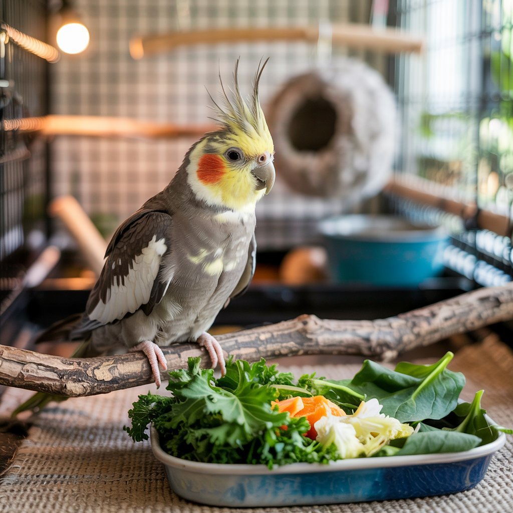 A cozy, well-lit cockatiel's habitat showcasing its essential care needs. In the foreground, a medium-sized cockatiel perches on a wooden branch, its vibrant yellow crest and gray plumage shimmering under soft, natural lighting. In the middle ground, an array of healthy greens, such as leafy kale and spinach, are displayed in a shallow dish, reflecting the bird's diverse dietary requirements. The background depicts a spacious, clean cage with multiple perches, a water bowl, and a cozy nesting area, all bathed in a warm, inviting glow to convey a sense of a safe, nurturing environment for the beloved pet. The overall scene captures the key elements of proper cockatiel care in a visually captivating manner.