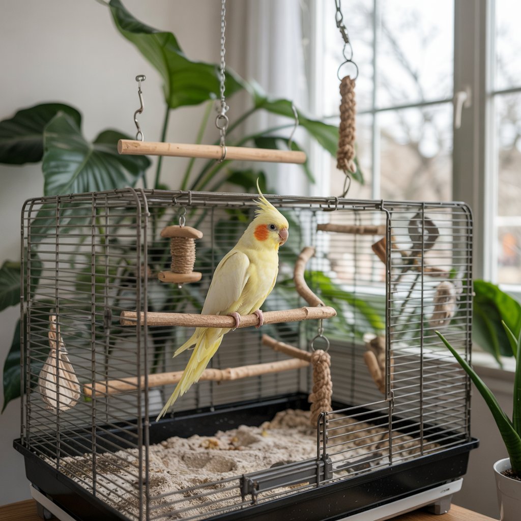 A well-designed and spacious cockatiel cage, illuminated by soft, natural lighting streaming in through a large window. The enclosure features multiple perches of varying textures and heights, allowing the bird to exercise and explore. The background showcases a lush, verdant indoor plant, adding a touch of natural ambiance. The cage is meticulously clean, with a sand-covered floor and a shallow water dish, ensuring the cockatiel's comfort and hygiene. The overall composition conveys a sense of tranquility and harmony, perfectly suited for a healthy and happy cockatiel habitat.
