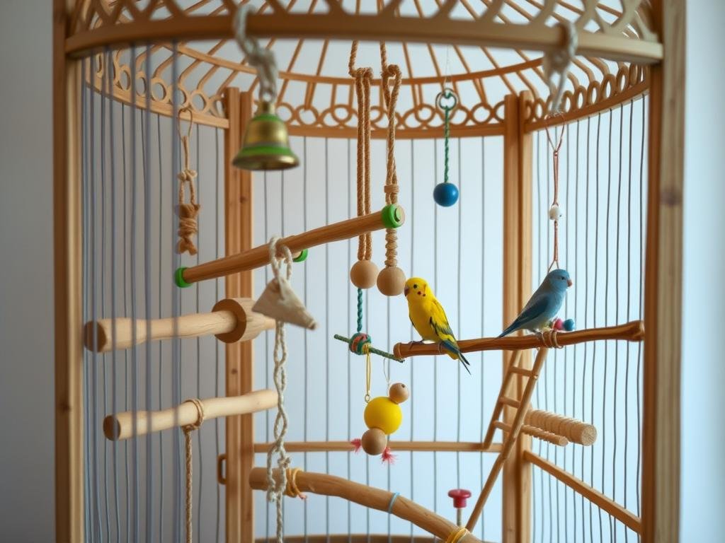 DIY bird cage design with perches and toys