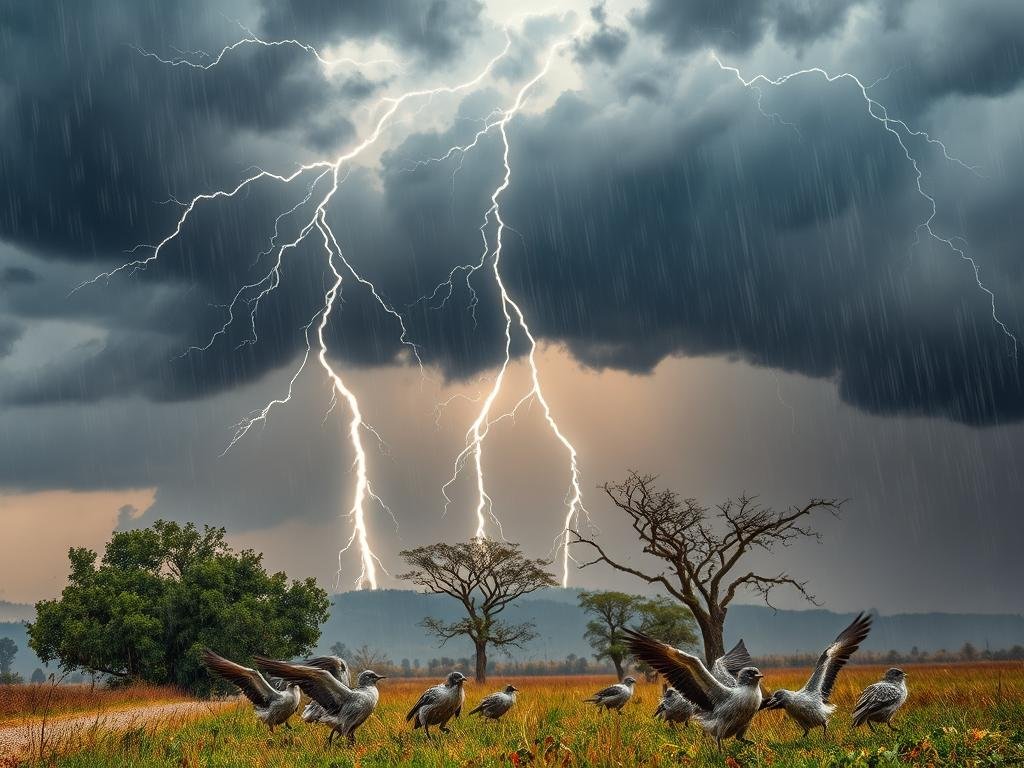 Dramatic thunderstorm raging over a countryside landscape, with dark, ominous clouds unleashing bolts of lightning. In the foreground, a group of birds, their feathers ruffled by the strong winds, desperately attempting to take shelter from the intense rain and gusts. The birds appear anxious and distressed, their movements reflecting the turbulent conditions. In the middle ground, trees sway violently, their branches twisting and turning. The background is shrouded in a hazy, atmospheric mist, adding to the sense of foreboding and uncertainty. The overall scene conveys the perilous situation birds face during a severe weather event, with the combination of elements highlighting the risks they must navigate.