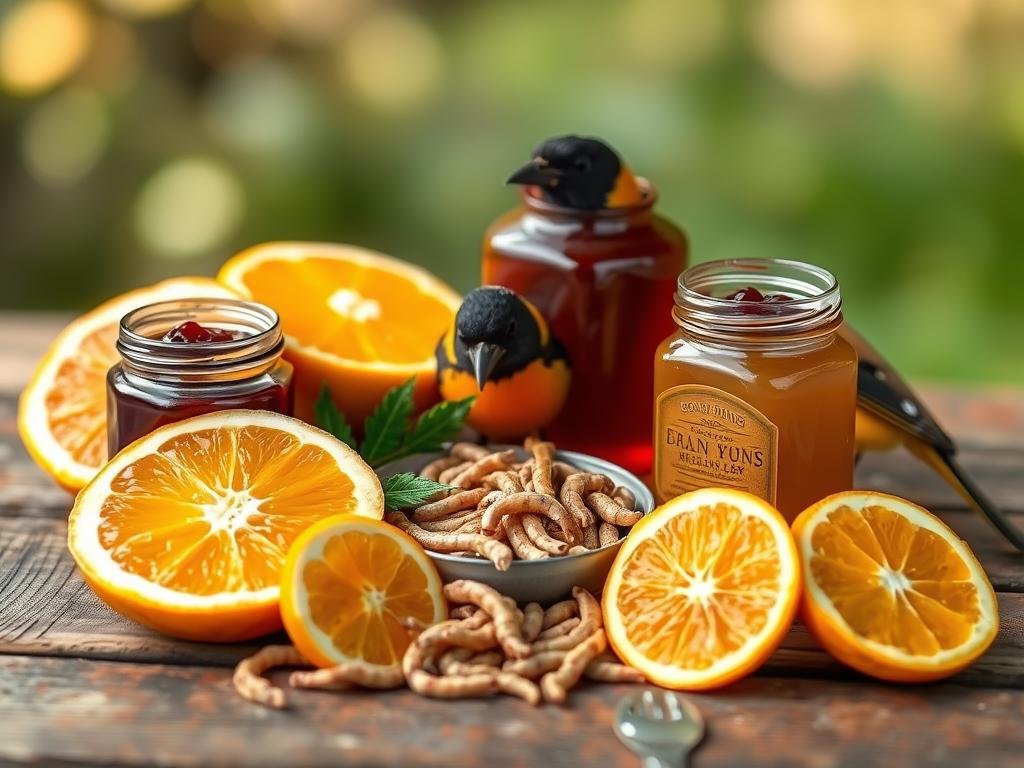 High-resolution, detailed photograph of an assortment of the best foods to offer orioles, including sliced oranges, grape jelly, mealworms, and nectar, arranged in a natural, inviting composition on a rustic wooden surface, with soft, warm lighting and a blurred, natural background setting.
