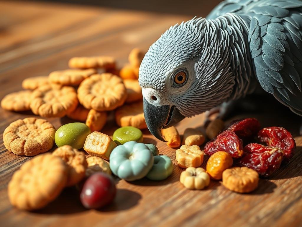 Vibrant parrot training treats, arranged on a wooden surface with natural lighting. Close-up view, capturing the varied textures and colors of the treats - from crunchy biscuits to soft dried fruits. The treats are positioned strategically, creating a visually appealing composition that draws the eye. The overall mood is one of positive reinforcement, highlighting the importance of rewards in successful African Grey parrot training. The image conveys a sense of care, attention to detail, and the dedication required to build a strong bond with these intelligent birds. Vibrant parrot training treats, arranged on a wooden surface with natural lighting. Close-up view, capturing the varied textures and colors of the treats - from crunchy biscuits to soft dried fruits. The treats are positioned strategically, creating a visually appealing composition that draws the eye. The overall mood is one of positive reinforcement, highlighting the importance of rewards in successful African Grey parrot training. The image conveys a sense of care, attention to detail, and the dedication required to build a strong bond with these intelligent birds.