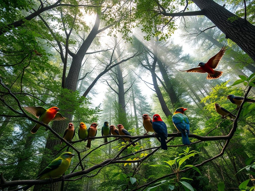 a lush, verdant forest scene after a recent storm, with sunbeams filtering through the canopy of towering trees, illuminating a flock of colorful birds perched on the branches. The birds, ranging from vibrant songbirds to majestic raptors, are engaged in a symphony of chirps and calls, their feathers still slightly ruffled from the wind and rain. The scene is infused with a sense of tranquility and renewal, as the forest seems to have been rejuvenated by the passing storm. The camera angle is positioned at eye level, capturing the birds in their natural habitat and inviting the viewer to witness this captivating moment of post-storm activity.