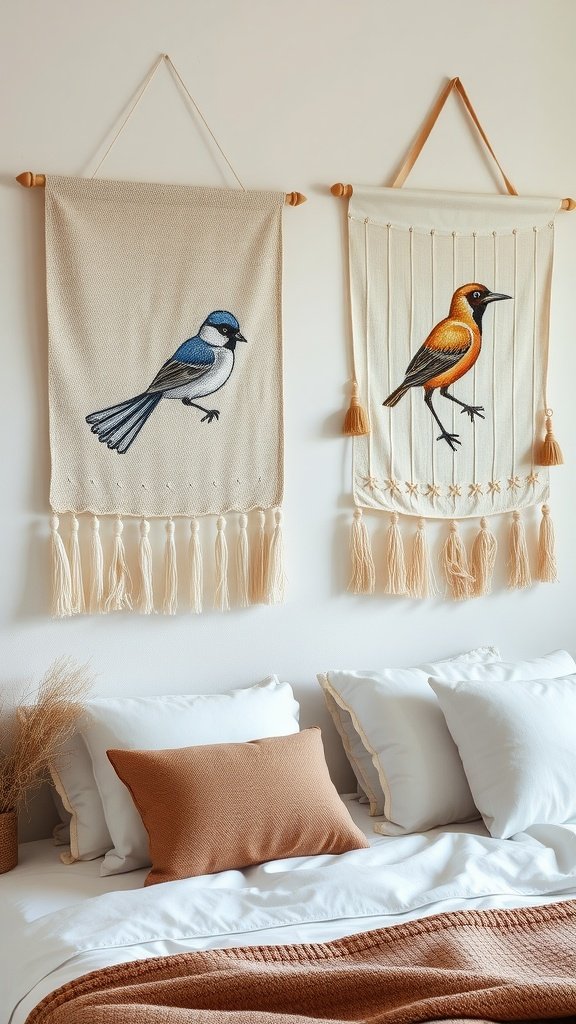 Two bird-embroidered wall hangings, one with a blue bird and the other with an orange bird, hanging on a wall above a neatly made bed with decorative pillows.