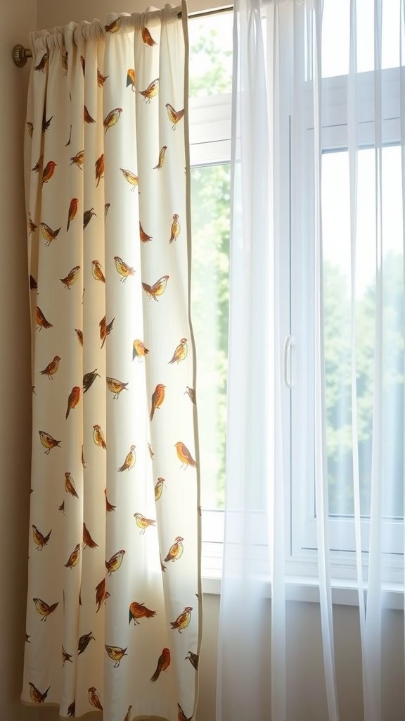 Bird-themed curtains featuring colorful bird illustrations, paired with sheer curtains.