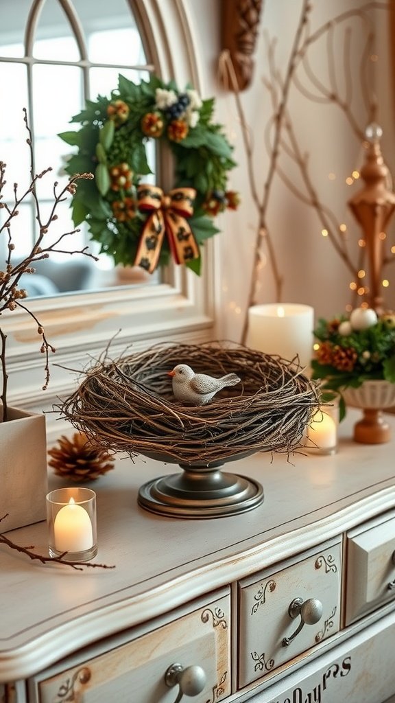 A decorative bird nest centerpiece with a bird figurine, candles, and natural elements.