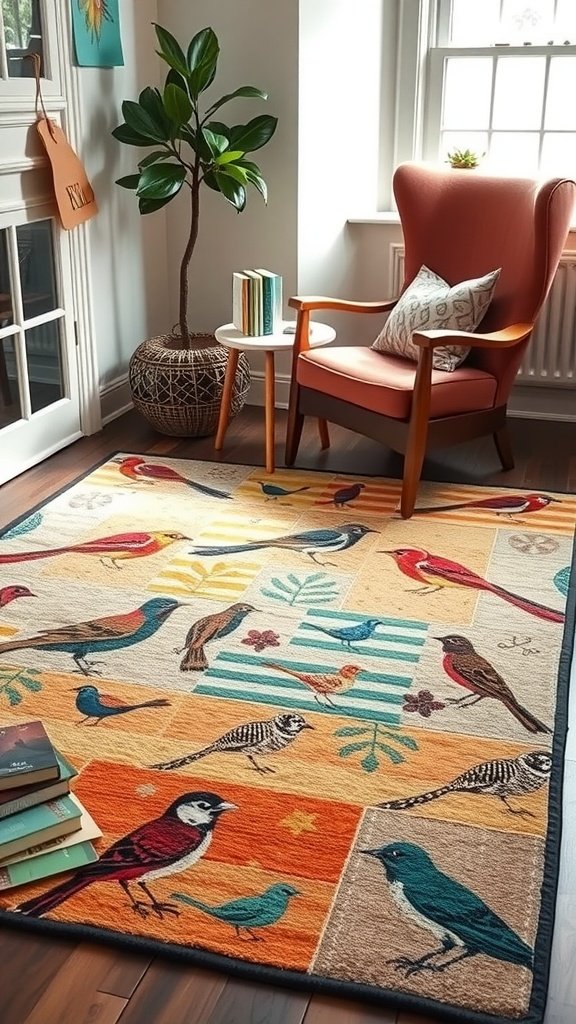 Colorful bird print area rug in a cozy bedroom setting