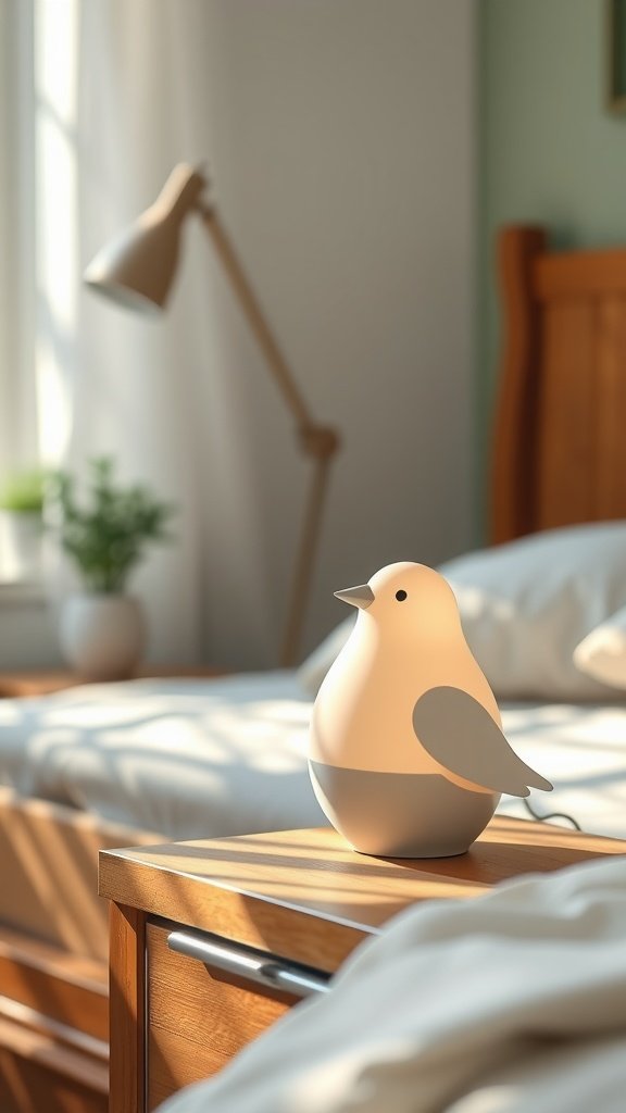 A bird-shaped sound machine emitting soft light on a bedside table.