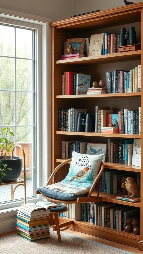 A cozy bookshelf filled with birdwatching books, decorated with bird figurines and a comfortable chair.