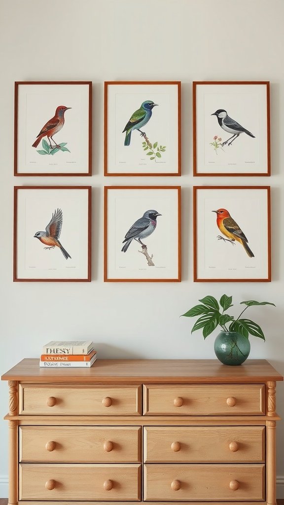 A collection of framed botanical bird prints hanging on a wall above a wooden dresser with a plant and some books.