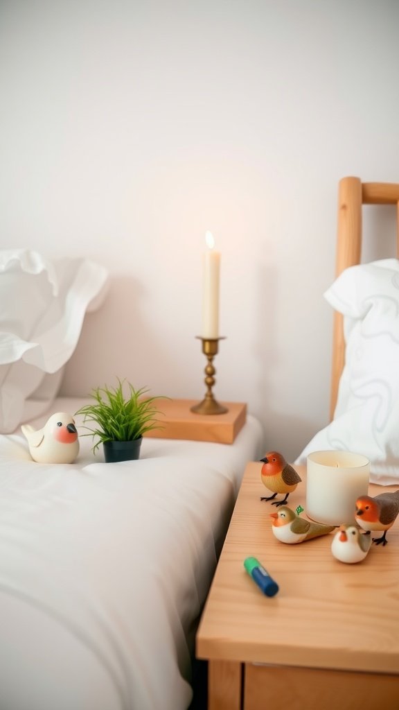 A cozy bedroom setup featuring charming bird figurines on a bedside table, plant, and candle.
