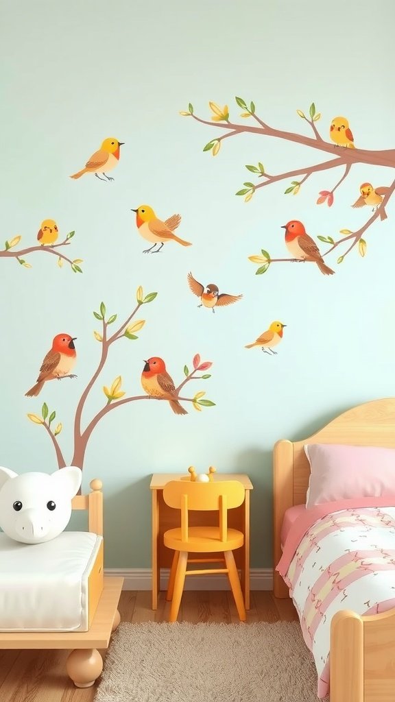 A bedroom wall decorated with colorful bird decals sitting on branches, with a children's bed and a small desk in the room.