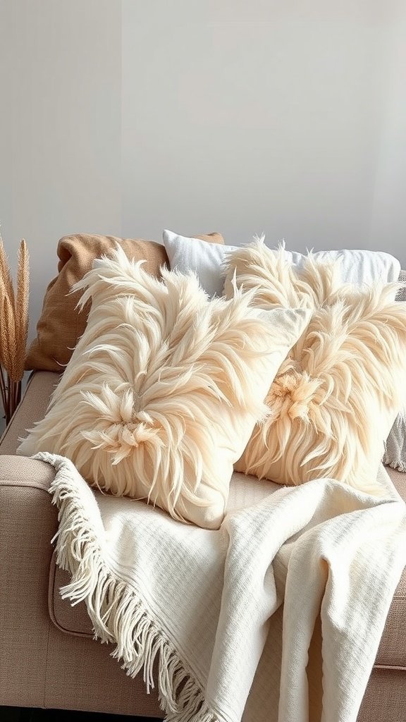 Cozy couch with feathered throw pillows and a warm blanket