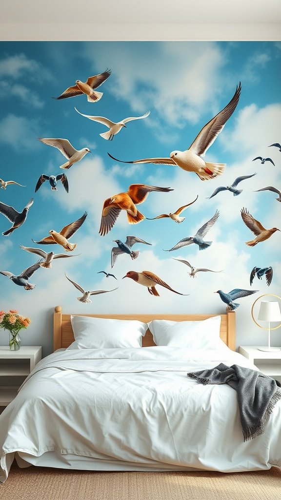 A beautifully painted mural of various birds flying against a blue sky, above a cozy bedroom with a neatly made bed.