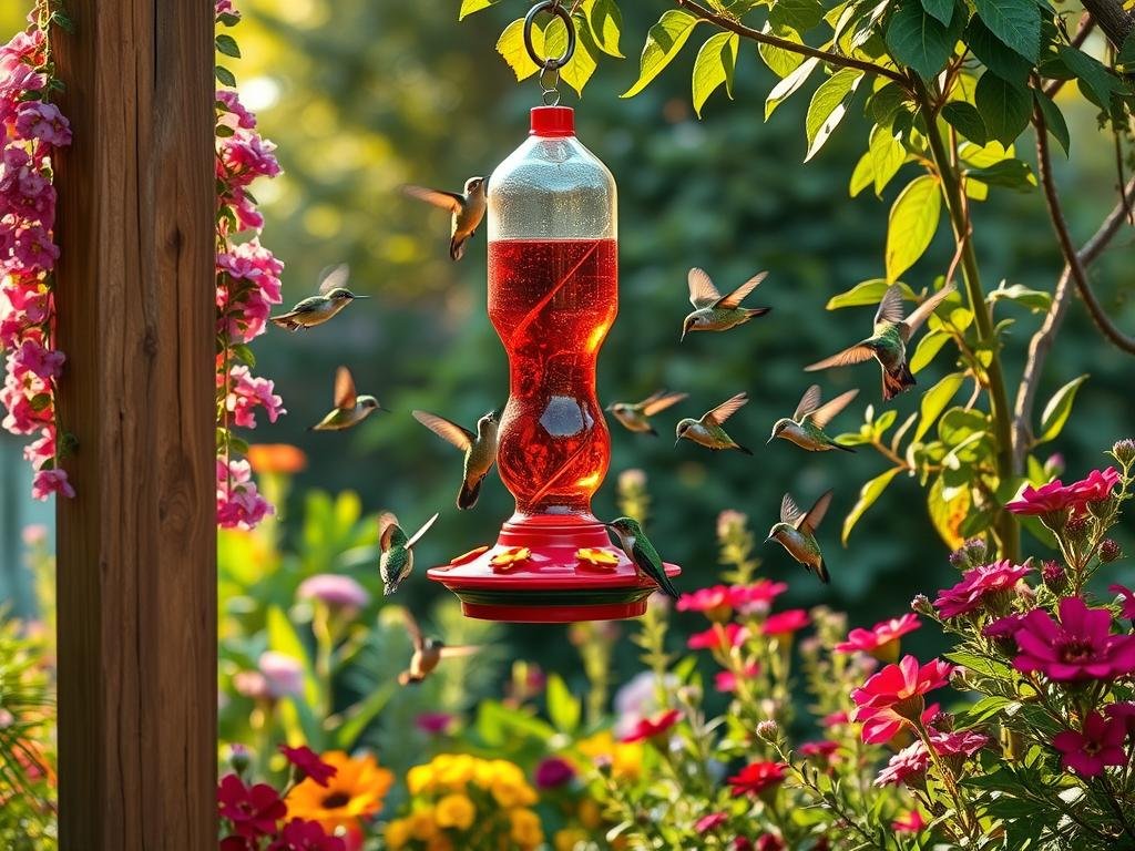 hummingbird feeder in garden