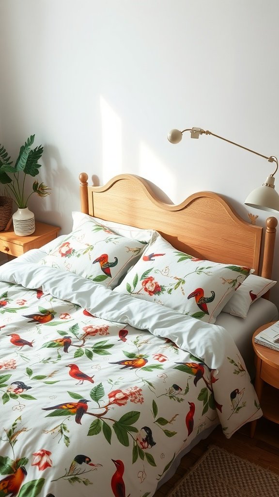A cozy bedroom featuring nature-inspired bedding with colorful birds and flowers.
