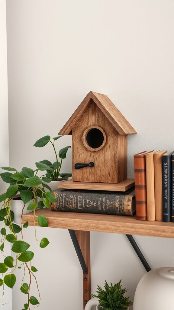 A rustic wooden birdhouse placed on a shelf with books and plants.