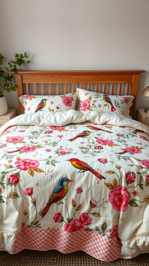 A cozy bird-themed quilt with colorful birds and flowers on a bed.