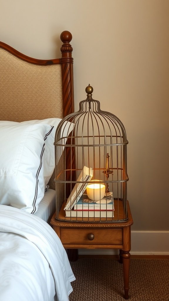 A vintage birdcage nightstand with books and a candle