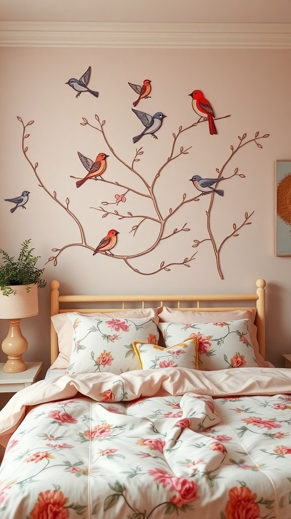 Whimsical bird wall art featuring colorful birds on a branch in a cozy bedroom setting.