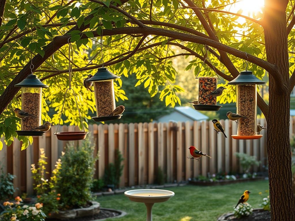 A cozy backyard scene with several bird feeders hanging from sturdy tree branches. The feeders are filled with a variety of birdseed, attracting a lively mix of songbirds like chickadees, finches, and titmice. Warm afternoon sunlight filters through the lush foliage, creating a soft, natural lighting that highlights the vibrant colors of the birds' plumage. In the middle ground, a small bird bath reflects the surrounding greenery. The background is a tranquil scene of a wooden fence, flower beds, and a glimpse of a garden shed. The overall atmosphere is one of peaceful harmony between nature and the backyard bird enthusiast.