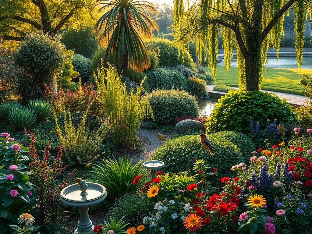 A lush, flourishing garden bursting with diverse foliage and blooming flowers, creating a vibrant and inviting habitat for a variety of bird species. In the foreground, a birdbath and feeders dotted throughout the landscape, surrounded by native plants and shrubs that provide shelter, nesting sites, and an abundance of natural food sources. The middle ground showcases a mix of tall trees, lush bushes, and cascading vines, casting gentle shadows and filtering the warm, golden sunlight that filters through. In the background, a tranquil pond or small stream glistens, reflecting the verdant foliage and the fluttering wings of the birds that have made this sanctuary their home. An atmosphere of serene harmony, where nature and avian life coexist in perfect balance.