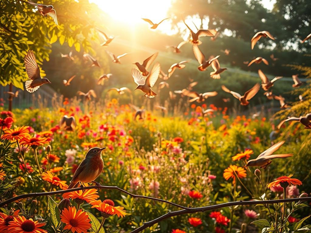 A lush garden bursting with vibrant flowers and verdant foliage, where a flock of agile birds dart gracefully, their wings outstretched as they deftly pluck pesky insects from the leaves. The scene is bathed in warm, golden sunlight that filters through the canopy of trees, casting a soft, diffused glow over the entire landscape. In the foreground, a robin perches on a branch, its head cocked in alert attention, ready to swoop down and add its contribution to the natural pest control. The overall impression is one of harmony and balance, where the birds and the garden coexist in perfect symbiosis, showcasing the beauty and importance of a bird-friendly landscape.