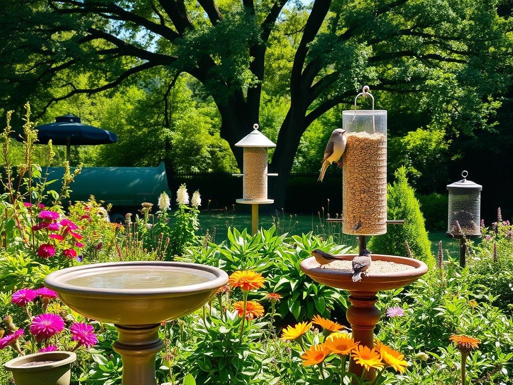 A lush, verdant garden scene showcasing the essential elements of a bird-friendly habitat. In the foreground, a birdbath glistens in the warm sunlight, surrounded by a variety of native flowering plants and shrubs that provide food and shelter for avian visitors. The middle ground features a well-maintained bird feeder, overflowing with a variety of grains and seeds to nourish the local bird population. In the background, a mature tree canopy offers perches and nesting sites, casting a dappled shadow over the scene. The overall mood is one of tranquility and harmony, where nature and birdlife coexist in perfect balance.