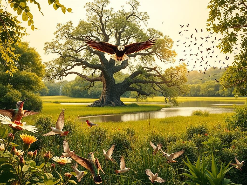 A lush, verdant landscape with a variety of bird species, each surrounded by elements that influence their lifespan. In the foreground, a vibrant hummingbird hovers near a flowering plant, its iridescent feathers catching the warm, diffused sunlight. In the middle ground, a majestic eagle soars over a serene lake, its sharp eyes scanning for prey. In the background, a flock of songbirds flits between the branches of an ancient oak tree, its gnarled trunk a testament to the passage of time. The scene is bathed in a soft, golden hue, creating a peaceful, contemplative atmosphere that invites the viewer to ponder the intricate factors that shape the lifespans of these winged creatures.