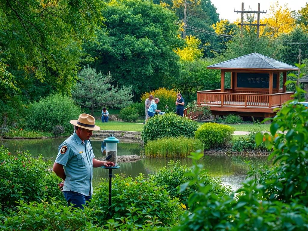 A serene bird sanctuary, lush with verdant foliage and tranquil ponds. In the foreground, a park ranger meticulously tends to the birdfeeders, ensuring a steady supply of nourishment for the feathered residents. The middle ground showcases a team of volunteers carefully pruning the bushes and clearing fallen branches, maintaining the perfect habitat for the diverse avian population. In the distant background, a picturesque wooden observation deck overlooks the sanctuary, its natural lighting casting a warm, golden glow across the scene. The atmosphere is one of peaceful coexistence, where nature and human stewardship harmonize to create the ultimate birding landscape.