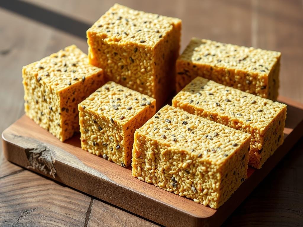 A still life arrangement of freshly curated suet blocks for backyard birds. The suet, made from high-quality rendered fat and birdseed, is displayed on a rustic wooden surface. Soft, natural lighting illuminates the textured, golden blocks, casting gentle shadows. The composition is balanced, allowing the suet to be the focal point, surrounded by a minimal, earthy background. The image conveys a sense of nourishment and care for the feathered visitors to the backyard, reflecting the theme of "Best Foods For Backyard Birds".