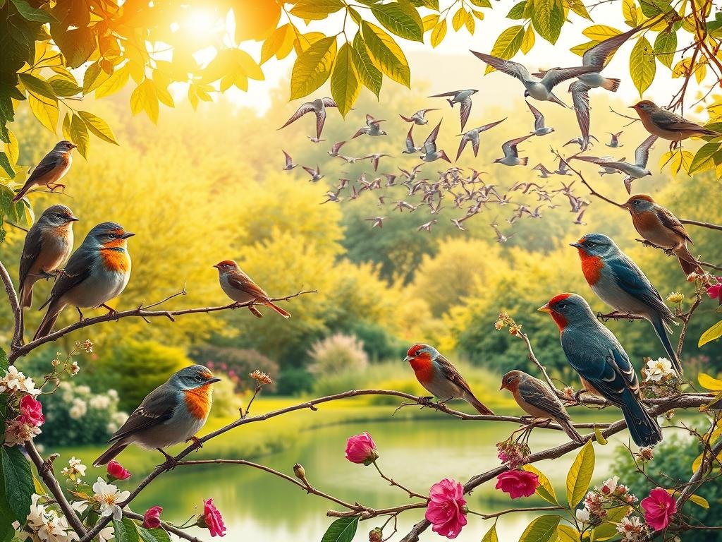 A vibrant aviary scene, bathed in warm, golden light filtering through leafy branches. In the foreground, a diverse array of birds - sparrows, robins, and finches - perched on delicate twigs, their eyes alert and inquisitive, conveying the wonder of their lifespans. The middle ground features a lush, verdant backdrop, with blooming flowers and a tranquil pond reflecting the sky. In the distance, a mesmerizing murmuration of swallows dances across the horizon, symbolizing the interconnectedness of the avian world and the boundless beauty of their lifetimes. The overall composition evokes a sense of harmony, longevity, and the remarkable resilience of birds.