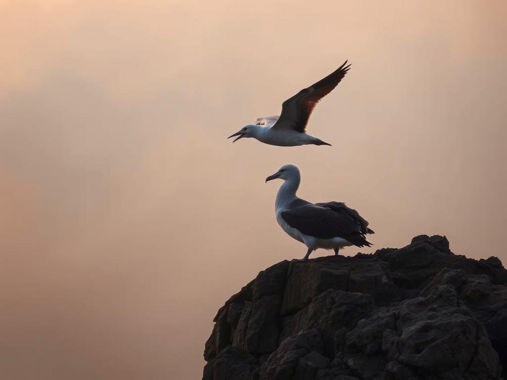 An ancient albatross glides effortlessly through the mist-shrouded skies, its expansive wings casting a graceful silhouette against the golden horizon. Perched atop a rugged, windswept cliff, the weathered seabird surveys its oceanic domain, a testament to the longevity and resilience of the world's longest-living avian species. Warm, diffused lighting illuminates the bird's intricate plumage, revealing the delicate patterns and hues that have borne witness to countless sunrises and storms. The serene, contemplative atmosphere captures the essence of this remarkable creature, whose lifespan can span over eighty years, outliving many of its feathered counterparts.