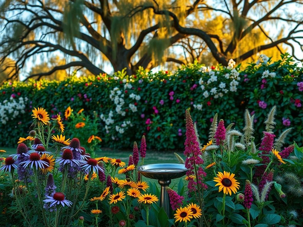 An enchanting display of bird-attracting plants, bathed in the warm glow of golden hour sunlight. In the foreground, a vibrant cluster of native wildflowers - purple coneflowers, yellow sunflowers, and crimson bee balm. Nestled among them, a birdbath reflects the azure sky above. In the middle ground, a lush hedge of flowering shrubs - fragrant lilacs, crimson-berried holly, and feathery elderflowers - creating a verdant haven for avian visitors. The background frames this verdant scene with the soft, blurred outlines of mature oak trees, their branches swaying gently in the breeze. An atmosphere of tranquility and natural abundance, inviting birds to feast, bathe, and make their homes in this idyllic, photographer-friendly landscape.