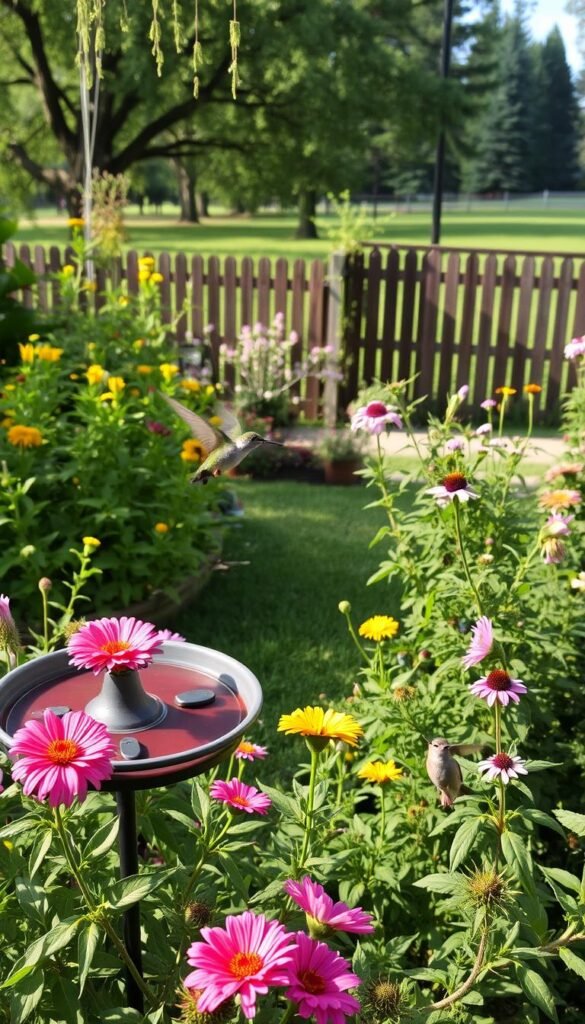 A backyard garden with lush, blooming flowers and a birdbath surrounded by verdant foliage. In the foreground, a vibrant hummingbird hovers near a nectar-filled feeder, its iridescent feathers shimmering in the warm, natural light. The middle ground features a variety of native plants and flowers, attracting other small birds and insects. In the distance, a wooden fence and tall trees create a serene, rural atmosphere. The scene conveys a sense of tranquility and the harmonious coexistence of nature and human-made elements, inviting the viewer to imagine the delight of attracting these rare, beautiful creatures to one's own backyard.