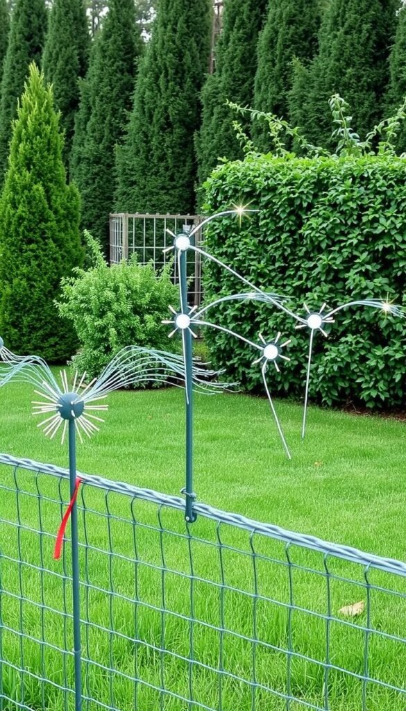 A backyard landscape with various physical barriers designed to discourage birds. In the foreground, a taut wire mesh fence runs along the perimeter, its metal links creating an effective barrier. In the middle ground, a series of spiky, bird-deterring devices protrude from the fencing, their sharp points angled to prevent birds from landing. Strategically placed reflective streamers flutter in the gentle breeze, casting glimmering flashes of light to startle and ward off avian visitors. In the background, tall, dense shrubs and trellises provide a natural deterrent, their thick foliage blocking entry points. The overall scene conveys a well-considered, multipronged approach to discouraging unwanted bird activity in the backyard, creating an unwelcoming environment for the targeted species.