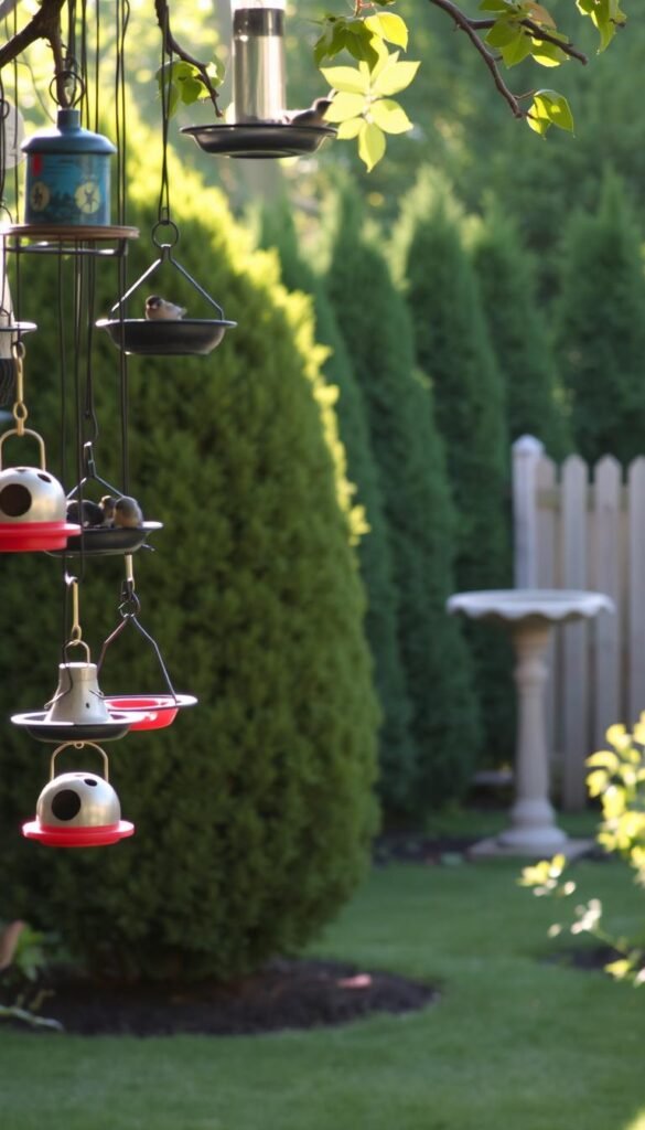 A backyard scene with various preventative measures to deter birds. In the foreground, multiple hanging bird feeders swing gently, their openings sealed shut. In the middle ground, a tall bird bath stands empty, the water drained. In the background, a well-trimmed hedge and a wooden fence block potential nesting sites. The scene is bathed in warm, diffused sunlight, creating a peaceful, yet purposeful atmosphere. The overall composition conveys a carefully curated, bird-free backyard environment.