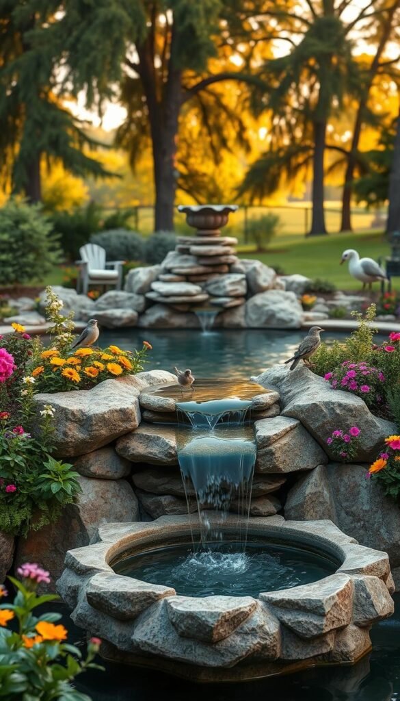 A beautifully crafted backyard water feature with a gently cascading waterfall flowing into a serene pool. The foreground showcases a natural stone basin, surrounded by lush greenery and vibrant flowers that attract a variety of birds. The middle ground features a staggered rock formation, creating a cascading effect as the water flows downward. The background is a tranquil landscape with towering trees, casting a warm, golden glow from the soft, diffused lighting. The overall atmosphere is one of peaceful relaxation, inviting the viewer to imagine the soothing sound of the water and the gentle flutter of bird wings.
