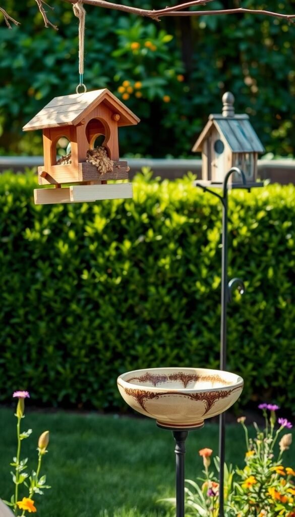 A beautifully lit backyard scene showcasing a variety of DIY bird feeders and baths. In the foreground, an artisanal wooden feeder hangs from a branch, filled with a mix of seeds and suet. Nearby, a simple bird bath made from a repurposed ceramic bowl reflects the soft, natural lighting. In the middle ground, a vintage-inspired bird house perches atop a shepherd's hook, its weathered exterior blending seamlessly with the lush, vibrant greenery of the surrounding foliage. The background features a neatly trimmed hedge, with a few colorful wildflowers peeking through, setting an inviting, tranquil atmosphere perfect for budget-friendly backyard birding.