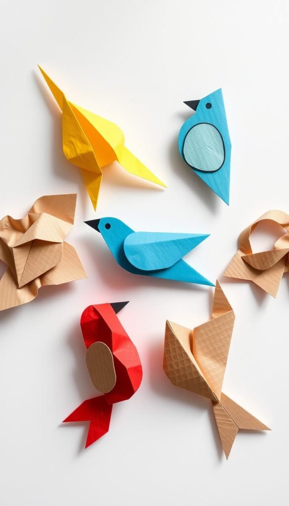 A beautifully lit close-up photograph of a set of simple, handcrafted paper bird toys on a clean, white background. The toys feature various geometric shapes, patterns, and textures, such as crinkled paper, origami folds, and cutouts. The toys are arranged in a visually pleasing, symmetrical composition, with a mix of vibrant colors like yellow, red, and blue, complemented by natural tones of brown and kraft paper. The lighting is soft and diffused, creating a warm, inviting atmosphere that highlights the delicate, tactile nature of the paper materials. The overall impression is one of simplicity, creativity, and a connection to nature, perfectly capturing the essence of "Simple Paper Toys for Birds".