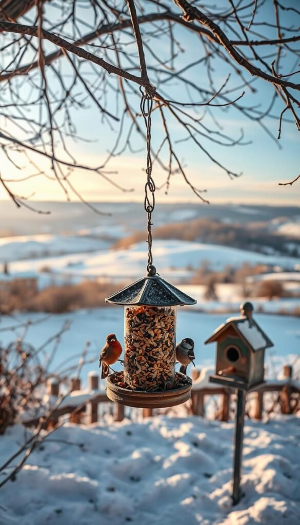 A bird feeder filled with diverse seed and suet, nestled amidst a cozy backyard scene. Bare branches of a deciduous tree frame the feeder, casting dappled shadows on the snow-dusted ground. In the distance, a picturesque winter landscape unfolds, with rolling hills and a clear, crisp sky. The mood is serene and peaceful, inviting birds to feast and flutter about, capturing the essence of seasonal bird feeding. Soft, warm lighting illuminates the scene, creating a welcoming atmosphere for our feathered friends. A classic, vintage-inspired birdhouse nearby adds to the charming, rustic ambiance.