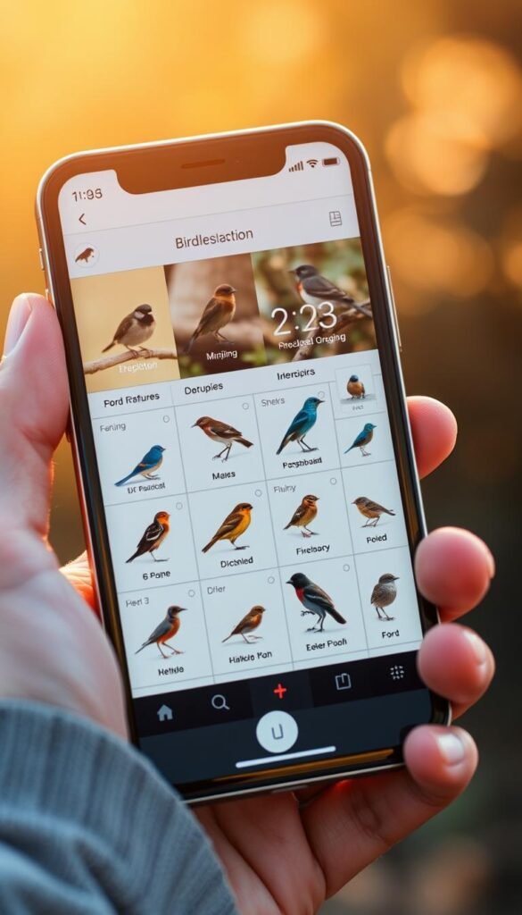 A bird identification app open on a smartphone, with a detailed close-up view of the device's screen displaying various bird species and their identifying features. The app's interface is sleek and intuitive, with high-quality photographs, interactive identification tools, and informative descriptions. The smartphone is held in a warm, natural lighting environment, possibly outdoors, with a blurred, organic background suggesting a natural setting. The overall mood is one of exploration, curiosity, and the joy of discovering the wonders of the avian world. A bird identification app open on a smartphone, with a detailed close-up view of the device's screen displaying various bird species and their identifying features. The app's interface is sleek and intuitive, with high-quality photographs, interactive identification tools, and informative descriptions. The smartphone is held in a warm, natural lighting environment, possibly outdoors, with a blurred, organic background suggesting a natural setting. The overall mood is one of exploration, curiosity, and the joy of discovering the wonders of the avian world.