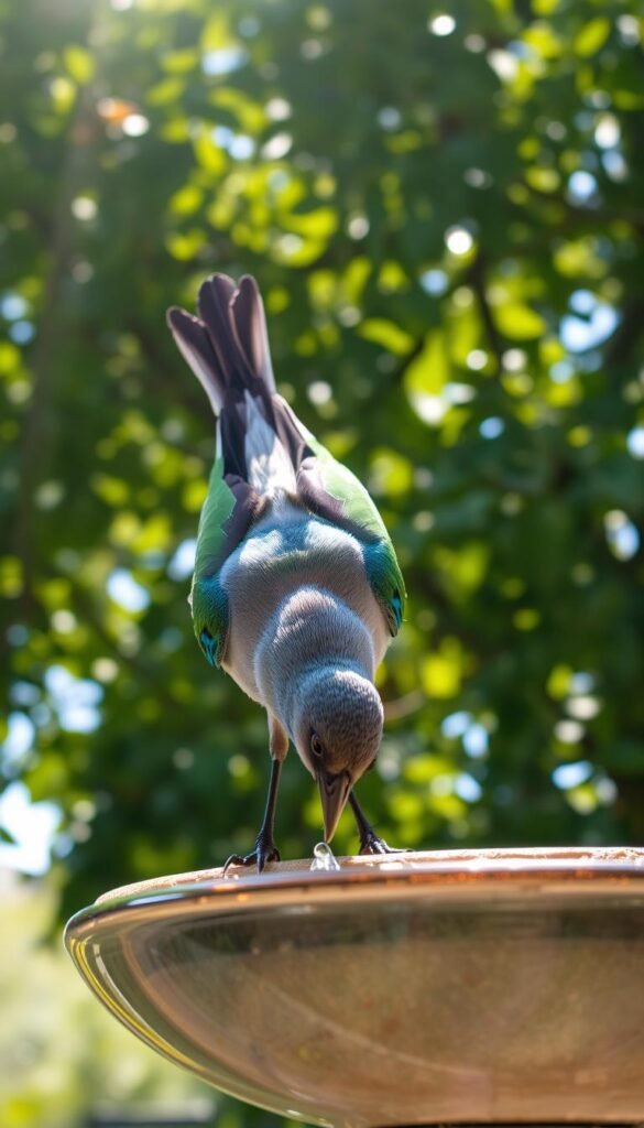 A bird perched atop a birdbath, gently dipping its beak into the clear, refreshing water. Dappled sunlight filters through the leaves of a lush, verdant tree in the background, casting a warm, natural glow. The bird's feathers reflect an array of vibrant colors, from the brilliant blues and greens to the soft grays and browns. The scene evokes a sense of tranquility and the importance of providing a reliable source of clean water for our feathered friends. The camera angle is slightly elevated, capturing the bird's graceful movements as it quenches its thirst. The depth of field is shallow, keeping the bird in sharp focus while the background softly blurs, directing the viewer's attention to the central subject.