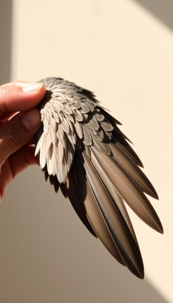 A bird's wing is gently held in a skilled human hand, with careful attention and delicacy. The feathers are spread out, revealing the intricate structure underneath. Soft, natural lighting illuminates the scene, casting gentle shadows that accentuate the contours of the wing. The bird appears calm and relaxed, conveying a sense of trust and cooperation. The background is blurred, keeping the focus on the delicate process of wing trimming. The overall mood is one of thoughtfulness, respect, and a deep appreciation for the beauty and fragility of the avian form.