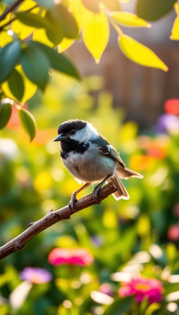 A black-capped chickadee resting on a branch in a lush, verdant backyard. The bird's distinctive black cap and white cheeks stand out against the warm, golden morning light filtering through the leaves. Its small, agile body is captured in a natural, curious pose as it looks around attentively, ready to flit off and forage for its favorite seeds and insects. The background features a blurred, vibrant garden, with hints of colorful flowers and greenery, creating a sense of tranquility and harmony. The image is captured with a shallow depth of field, drawing the viewer's focus to the delightful, friendly chickadee at the center of the frame.