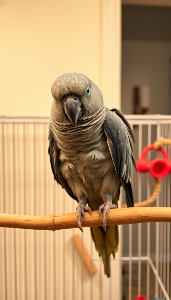 A bored parrot perches on a wooden branch, its feathers ruffled and its eyes half-lidded. In the foreground, the parrot's body language conveys a sense of listlessness, with its wings drooping and its head tilted to the side. In the middle ground, the parrot's cage is visible, its plain design and lack of stimulating toys contributing to the parrot's evident disinterest. The background is a softly blurred room, hinting at the confined space in which the parrot resides. Warm, diffused lighting casts a gentle glow, emphasizing the parrot's disengaged expression and the need for engaging cage enrichment.