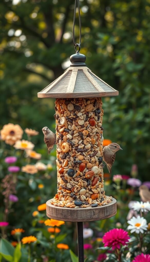 A bountiful bird feeder filled with a variety of year-round treats, perched amidst a lush, verdant garden. The feeder, crafted from weathered wood and gleaming metal, overflows with a vibrant mix of seeds, nuts, and dried fruits, inviting a diverse array of feathered visitors. In the background, a backdrop of blooming flowers and towering trees creates a warm, welcoming environment, bathed in soft, natural lighting that casts a gentle glow on the scene. The overall composition conveys a sense of abundance, harmony, and the vital role that a well-stocked bird feeder plays in sustaining a thriving, bird-friendly garden throughout the seasons.
