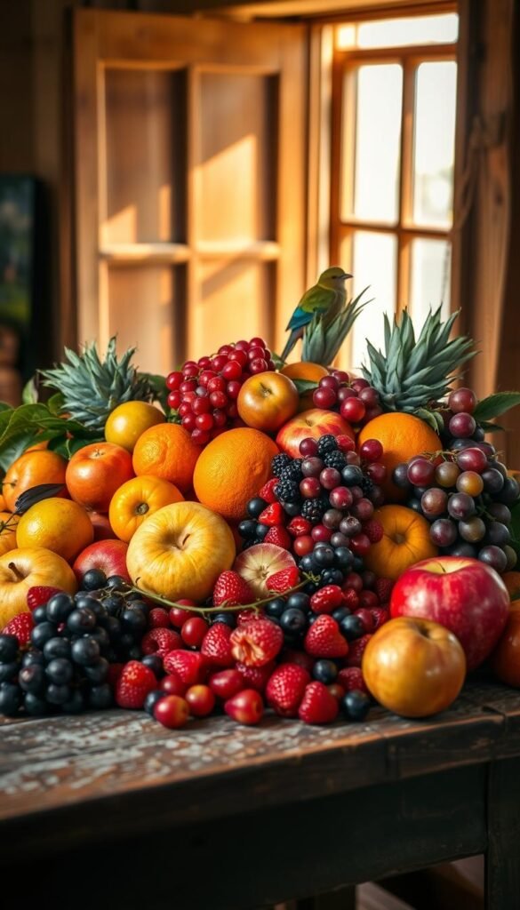 A bountiful still life arrangement of fresh, ripe fruits on a rustic wooden table, illuminated by warm, natural lighting from an open window. An assortment of vibrant berries, juicy citrus, crisp apples, and lush grapes, artfully arranged to create an inviting display for curious feathered visitors. The fruits appear plump and glistening, their colors and textures popping against the weathered, textured tabletop. The overall mood is one of abundance, freshness, and a welcoming invitation for our avian friends to indulge in this nourishing feast.